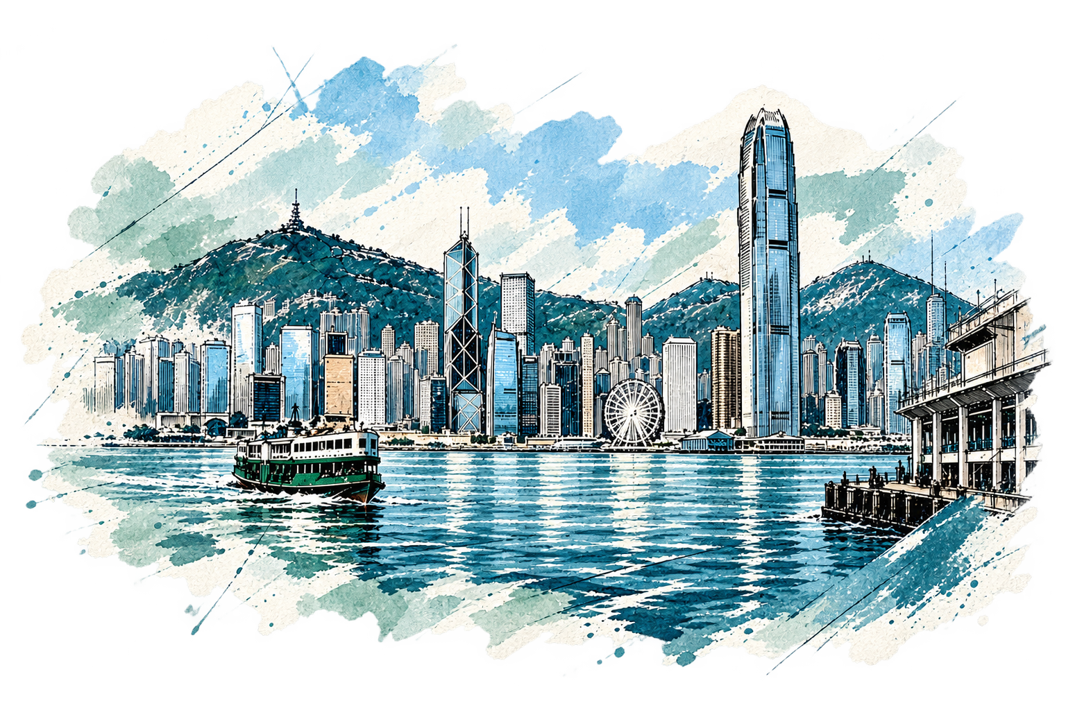 Ink and watercolour illustration of Hong Kong's skyline and a ferry on Victoria Harbour